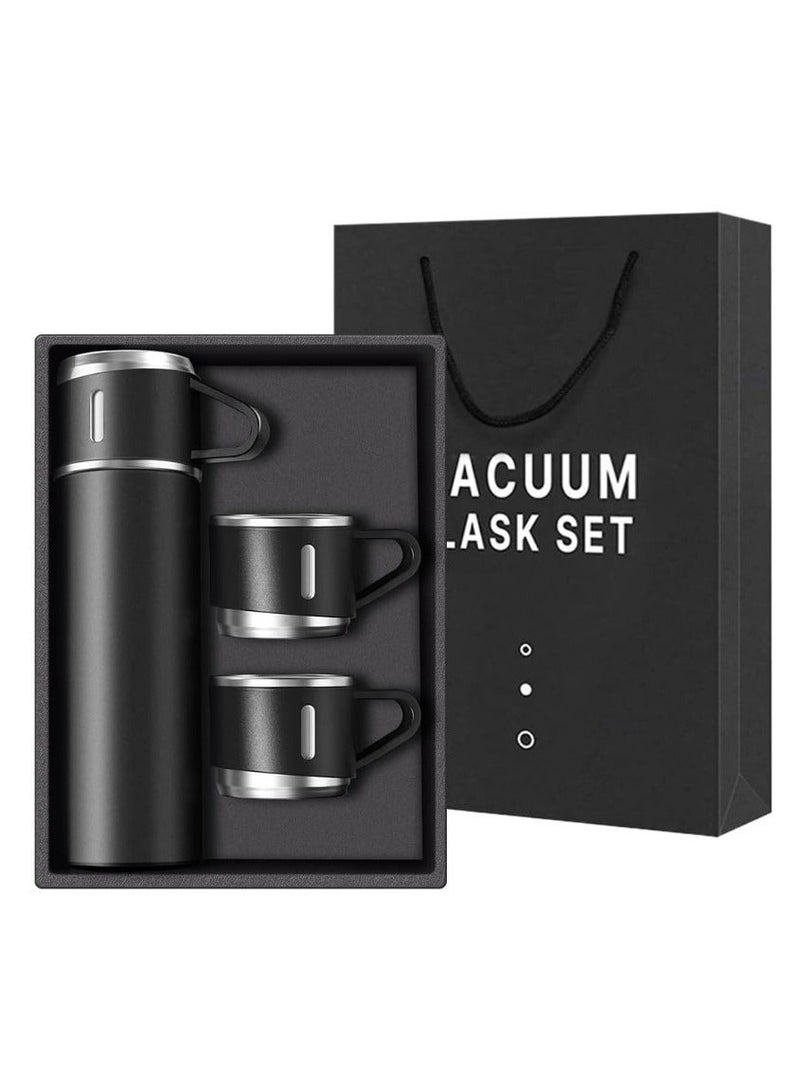 كوب حراري أصلي سعة 500 مل مع 3 أكواب، زجاجة حرارية، ترمس شاي وقهوة معزول بالفراغ مصنوع من الفولاذ المقاوم للصدأ 304، كوب سفر للمشروبات الساخنة والباردة، مجموعة قوارير معزولة-اسود - Image 1